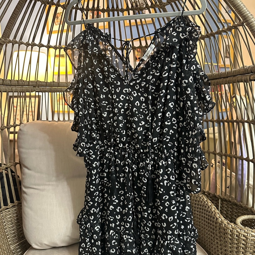 Leopard Print Ruffle Mini Dress - Black and White